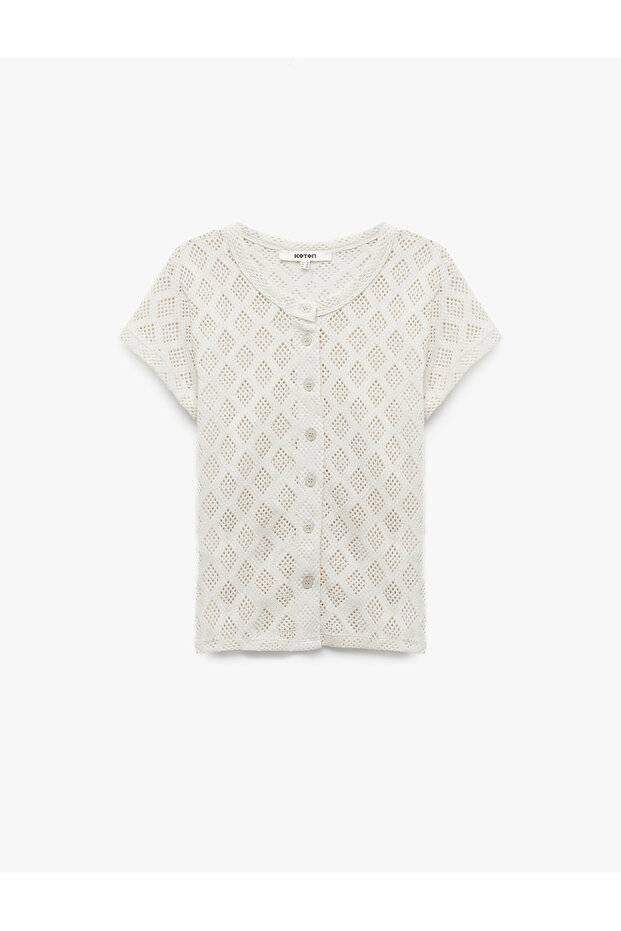 Slim Fit Cotton Crew Neck Short Sleeve Openwork Buttoned Cardigan