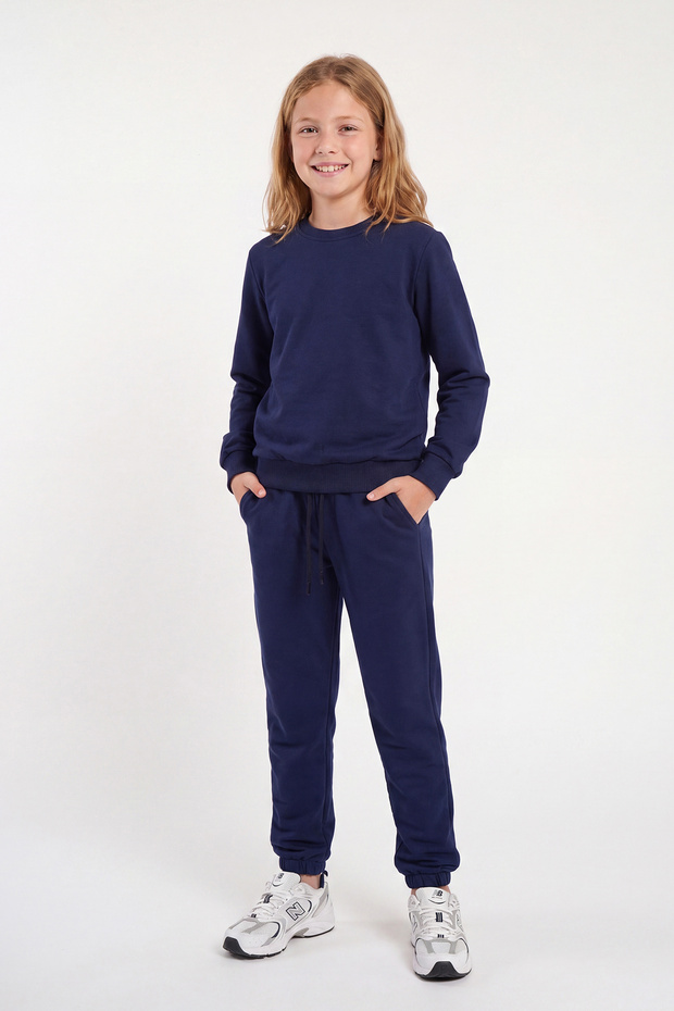 Girl's Plain Crew Neck Double Pocket Tracksuit Set