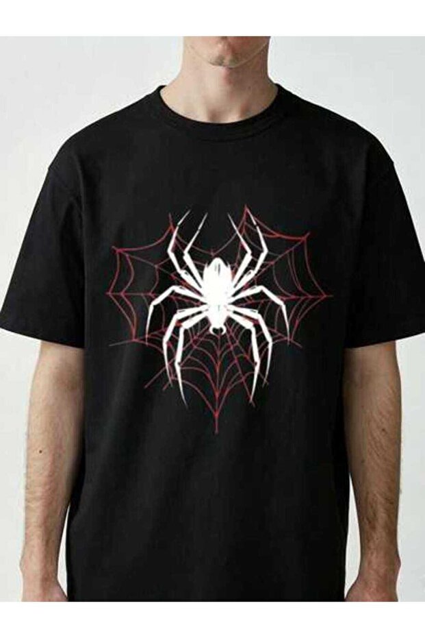 Men's Pattern Printed Short Sleeve T-Shirt For Summer, Red And Black Men, Spider Graphic Tee