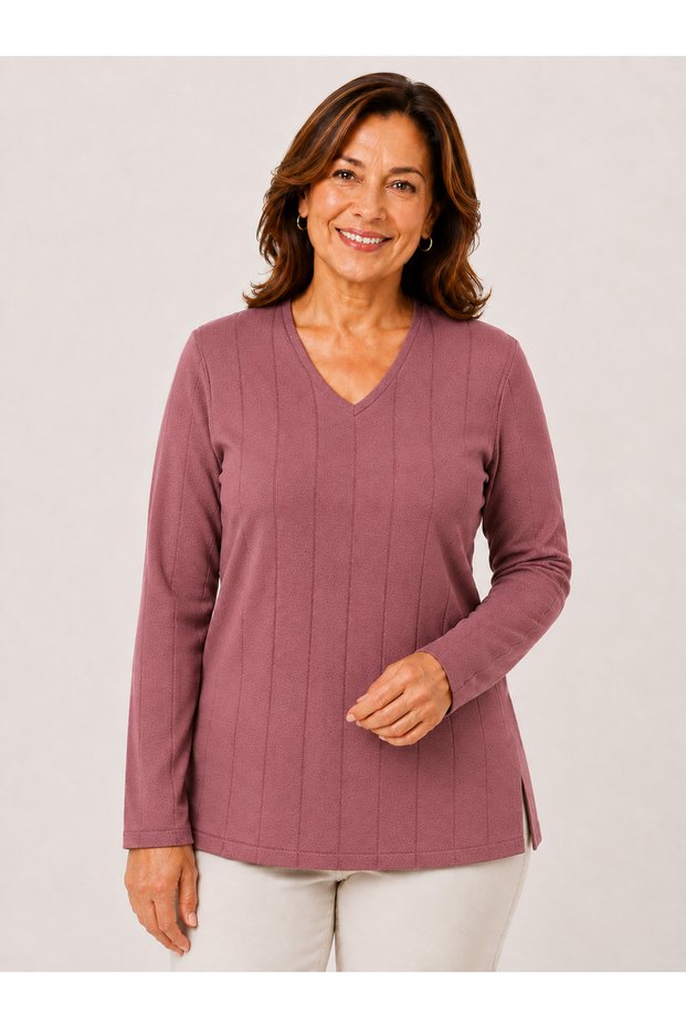Women's Middle Age and Above Dusty Rose Ribbed Slit Mother Blouse