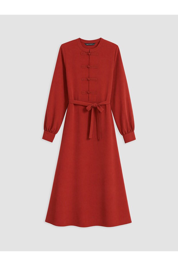Red Crew Neck Dress with Ornamental Button Detail