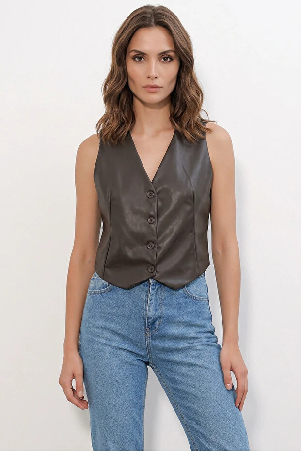 Women's V-Neck Buttoned Brown Vest