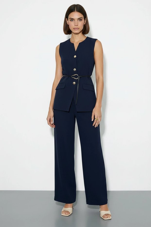 Women's Belt Detailed Vest and Palazzo Trousers Navy Blue Top and Bottom Set