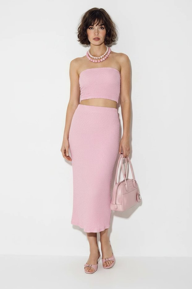 Women's Strapless Wrinkled Crop Blouse High Waist Midi Pencil Pink Skirt Set