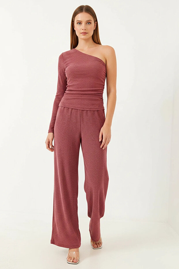 Women's Asymmetrical Collar Dusty Rose Top and Bottom Set
