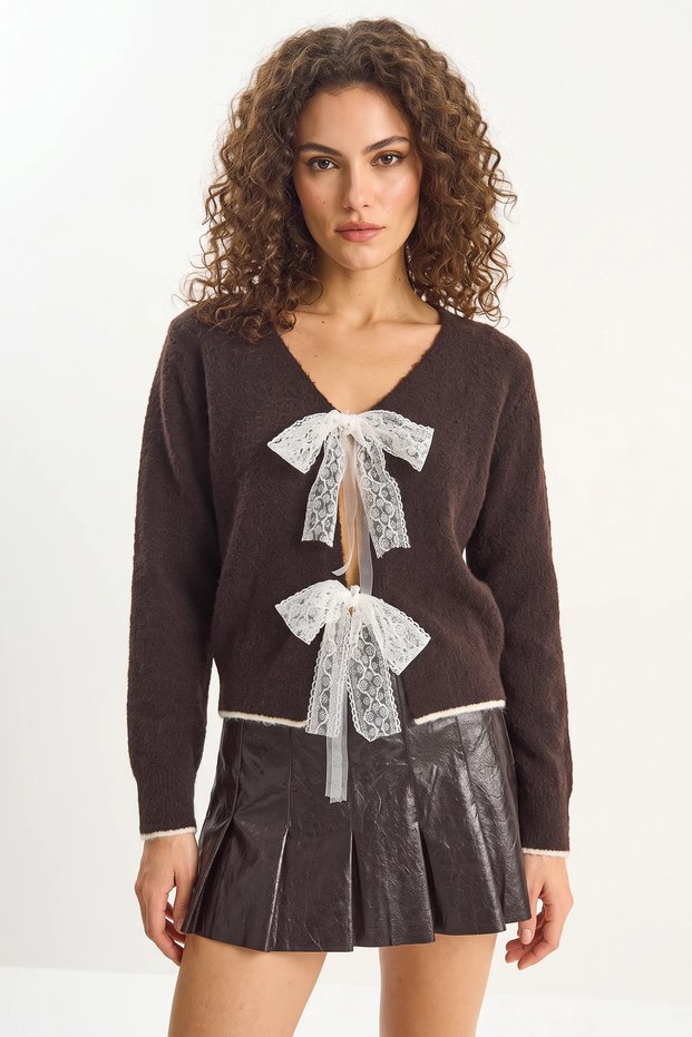 Women's V-Neck Bow Accessory Closure Knitwear Bitter Brown Cardigan