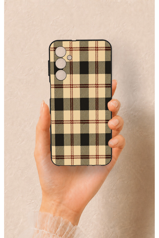 Samsung M34 Compatible Cream Plaid Patterned Silicone Case