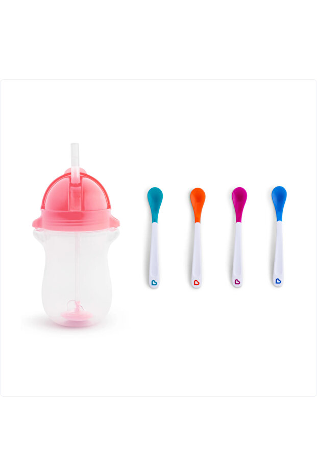 Click-Lock Tip Straw Training Cup, 12 Months+, 296ml, Pink and Heat Indicator Soft Tip Baby Spoons Set of 2