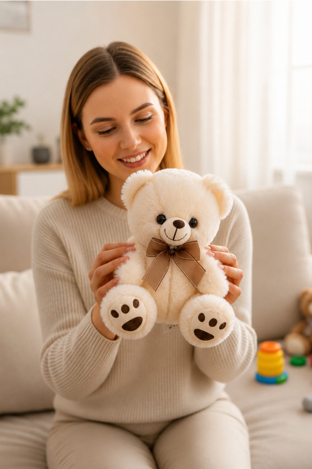 White Cute Plush Bear 20 cm - Soft Teddy Bear with Ribbon, Gift for Lovers and Children