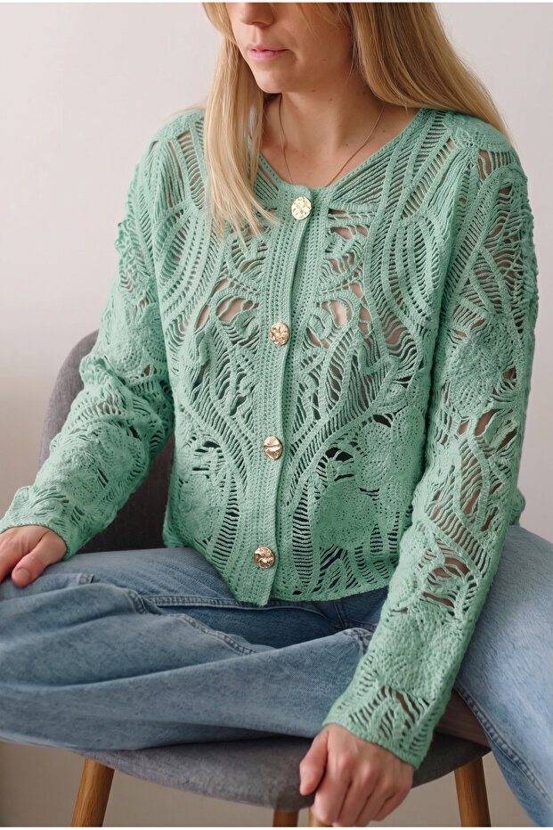 Mint Green Crochet Cardigan with Buttons Standard Size