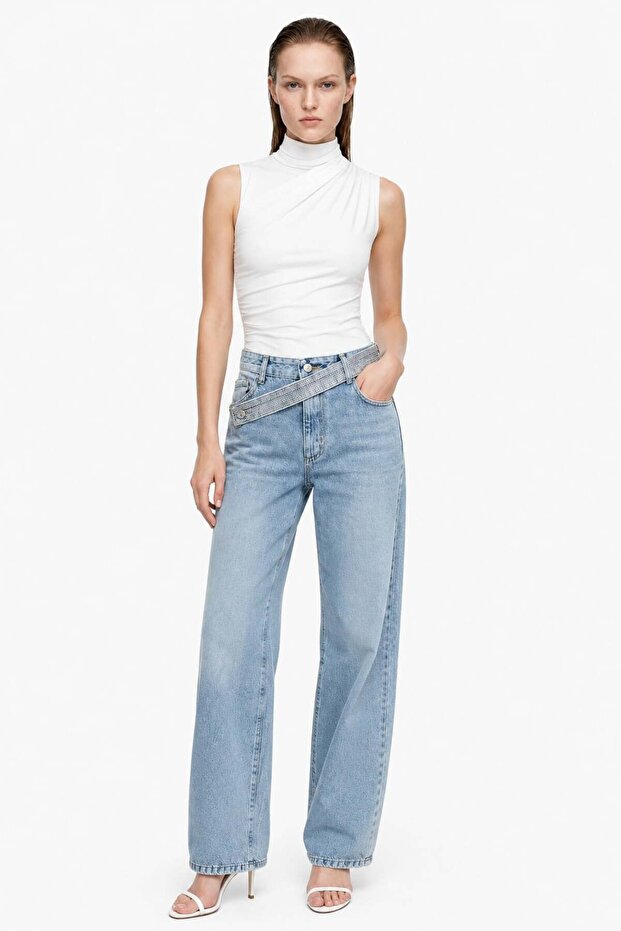 Taşlanmış High Waist Straight Fit Jean Pants