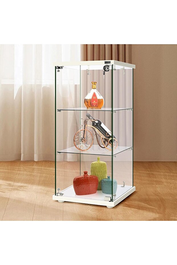 Glass Display Cabinet with Lock, 3 Tier Tempered Glass Showcase, 40.64cm W x 40.64cm D x 83.82cm H, Rectangular Floor Standing, White MDF Base, Modern Style for Collectibles and Trophies