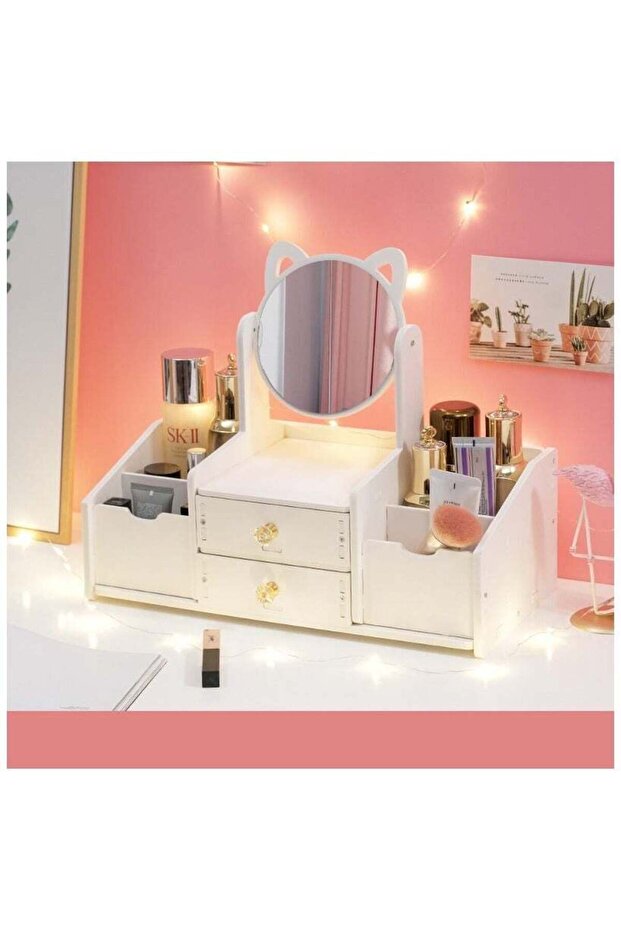 Multifunctional Large Capacity Cosmetic Storage Box with Mirror and Drawer Suitable for Bathroom Bedroom Dressing Table