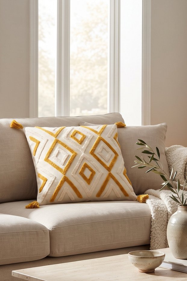 Bohemian Ethnic Geometric Patterned Embossed Punch Embroidered Tassel Cushion Cover 42X42 cm