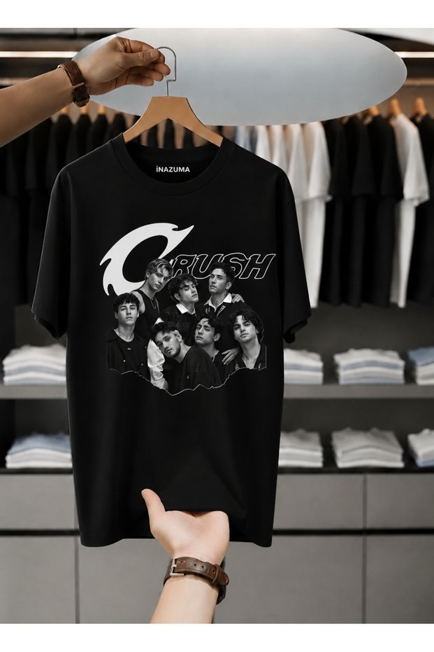 Unisex Oversize Printed Cotton Crew Neck Short Sleeve Black T-Shirt Crush