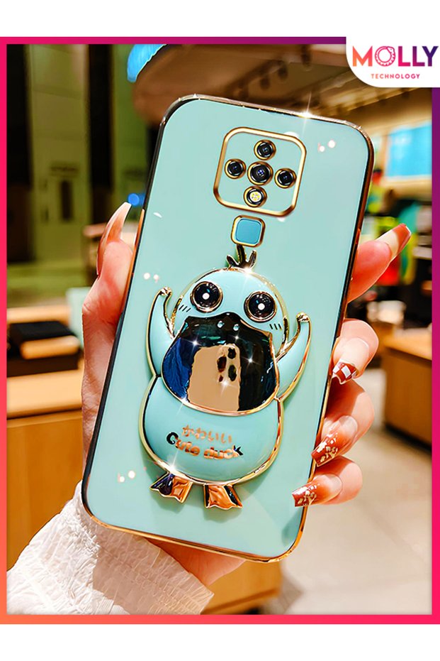 Water Green Cute Duck Stand Case for Tecno Camon 16 Luxury Silicone Case with Gold Detail on Edges