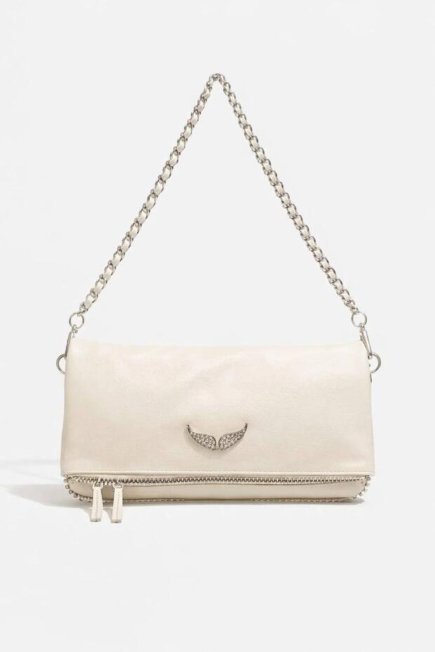 Cream Shoulder Bag with 2 Chain Straps and Wing Detail