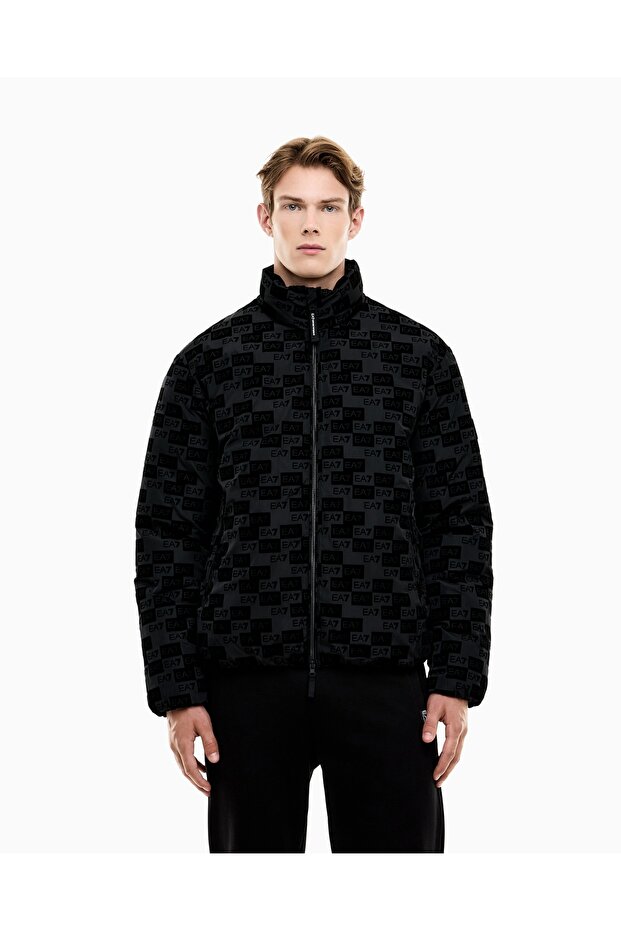 Men's Logo Print Patterned Stand Collar Zippered Long Sleeve Black Jacket