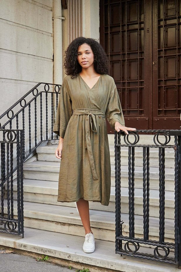 Women's Premium Fabric Wrap Double-Breasted Skirt, Three-Quarter Sleeves, Below the Knee Midi Length Dress - Dark Khaki