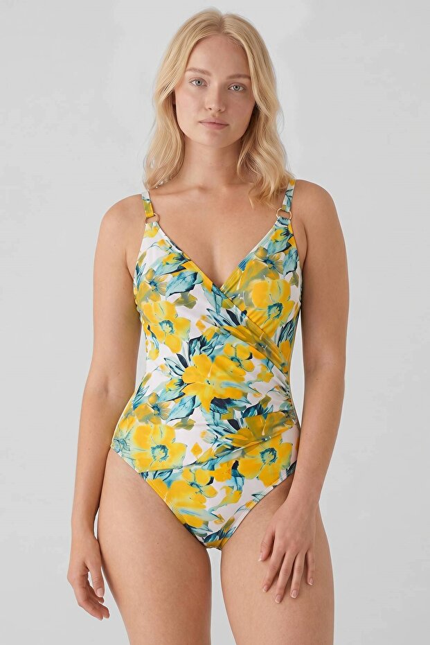 Egyptian Accessory Double Breasted Plus Size Swimsuit Yellow Floral Pattern