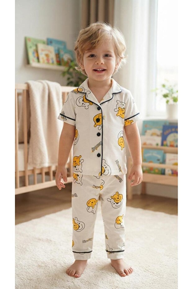 Dlş 6074 Boy's 100% Cotton White Wini Combed Cotton Buttoned Pajama Set