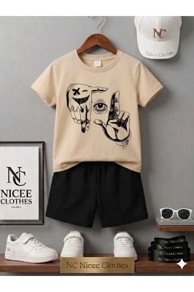 Summer Children's T-Shirt Shorts Unisex (Black with Eye Print on the Back)