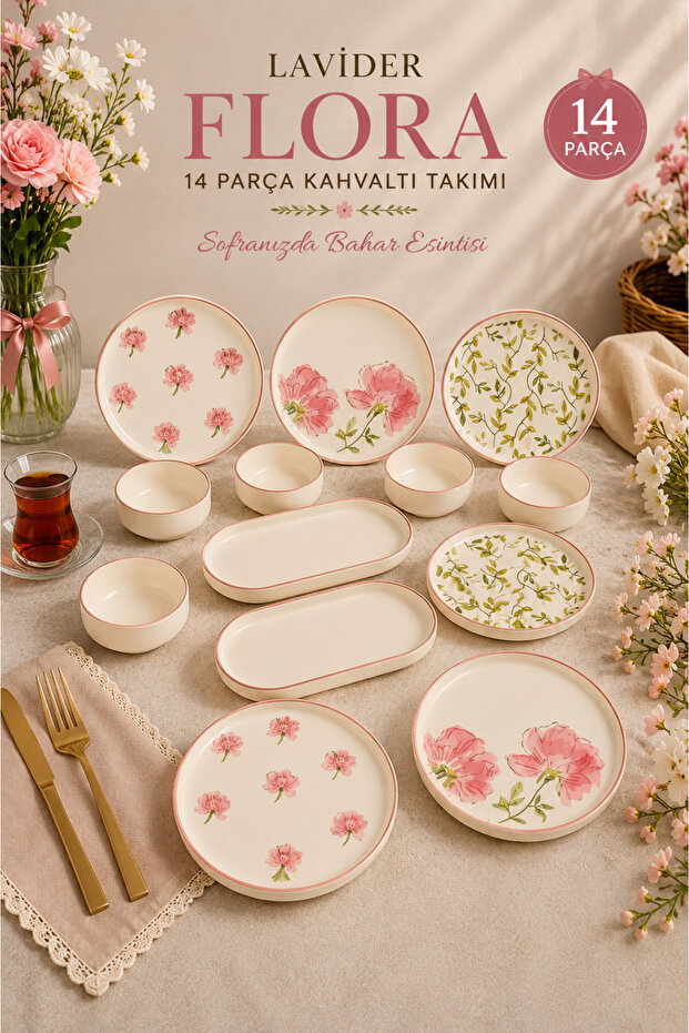 Flora 14 Piece Breakfast Set Pink Floral Patterned Breakfast Presentation Serving Plate Set