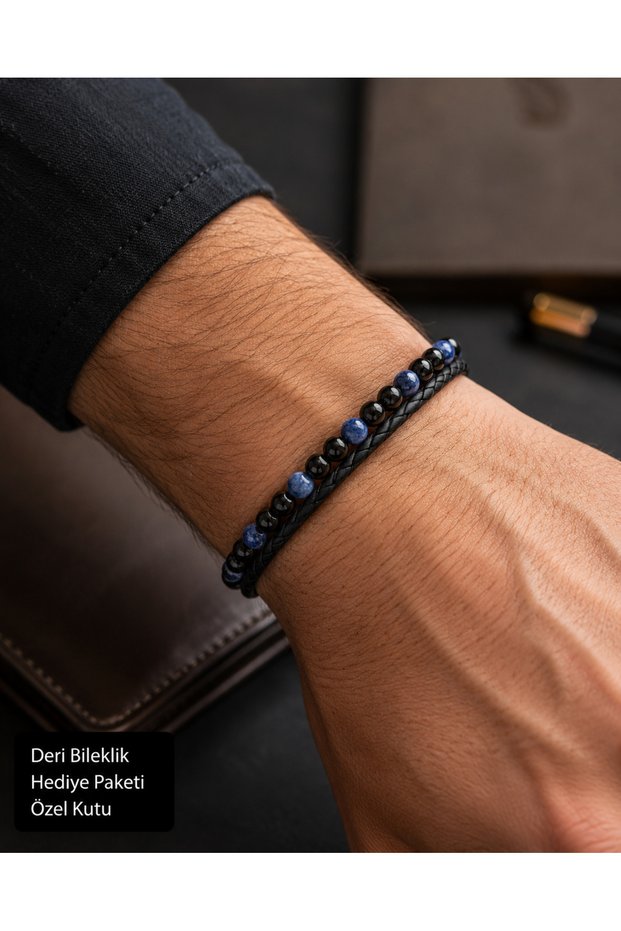 Men's Black Leather Bracelet – Double Row Stylish Bracelet with Blue Stone and Black Bead Detail