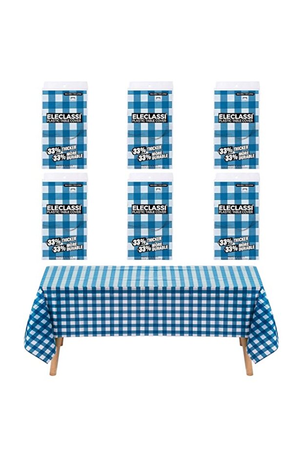 Eleclassi Blue Gingham Checkered 6 Pack Disposable Plastic Tablecloth 54 x 108 in - Plastic Table Cloths for Parties Disposable Tablecloth for 8 Ft Rectangle Table - Rectangle Tablecloth