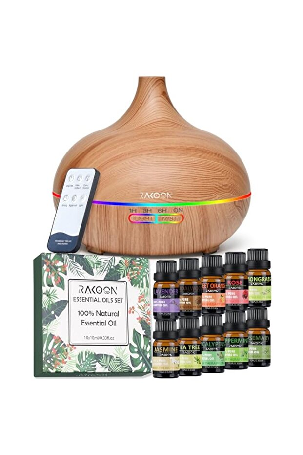 Rakoon Ultimate Essential Oil Diffusers & Essential Oil Set, Aromatherapy Diffuser for Home with Top 10 Essential Oils, 550ml Air Diffuser for Large Room, 4 Timer & 15 Ambient Light, Wood Grain