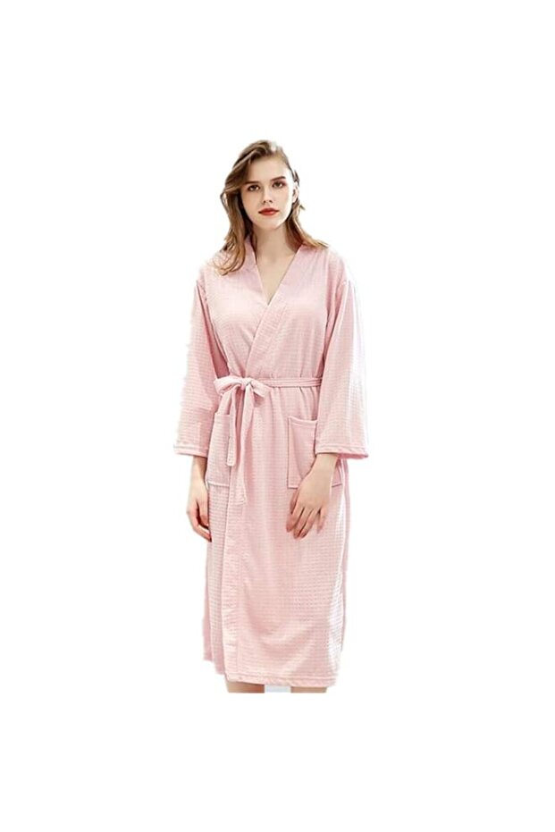 MDINC Women Bathrobe Waffle Weave Lightweight Kimono Spa Bathrobe for Lady, Pink, 60-80kg - One Size