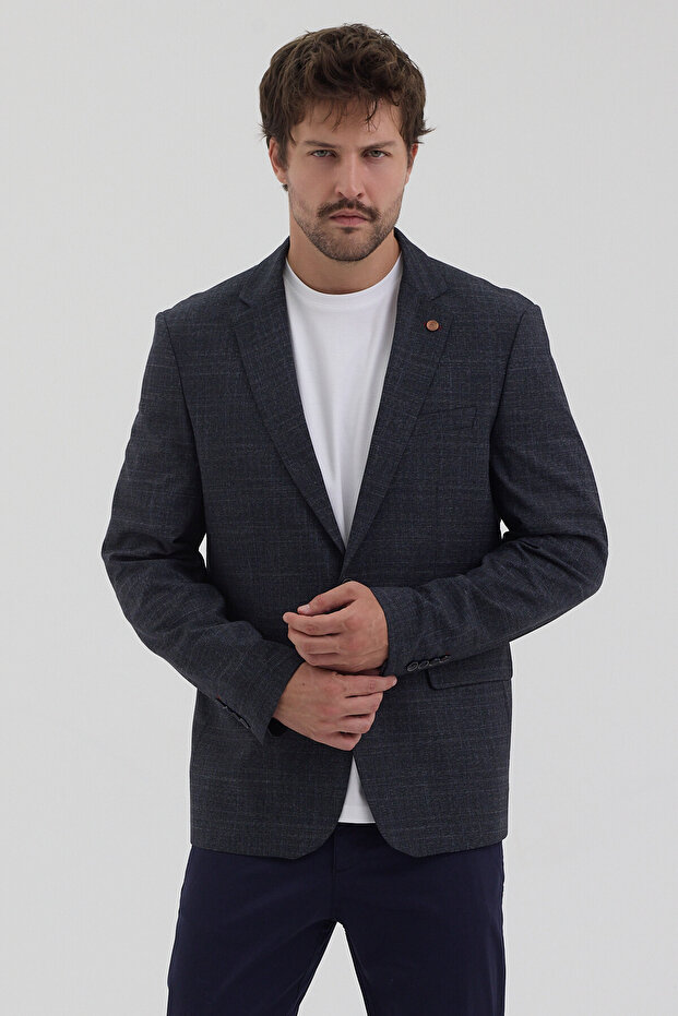 Fezziro Men's Dark Navy Blue Polyviscon Fabric Slim Fit Mono Collar Sports Blazer Jacket