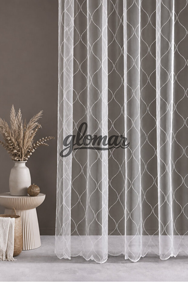 Geometric Patterned Skirt with Embroidery 1/3 Sik Pleated Tulle Curtain Suitable for Any Room Tulle Curtain with Cornice Buttons