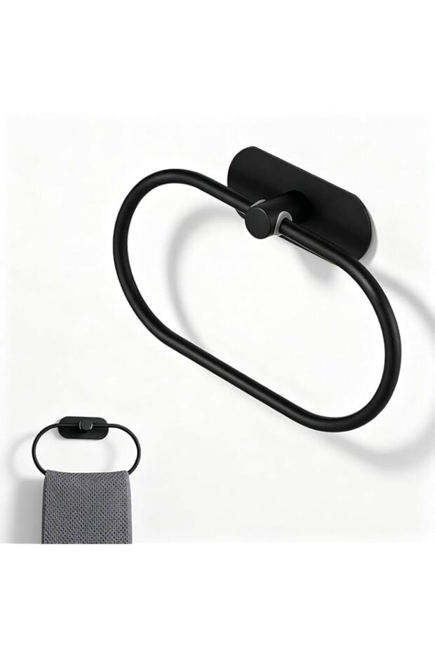 Rustproof Towel Ring Black Stainless Steel, Self-Adhesive No-Drill Hand Towel Holder, Heavy Duty Wall Mount Bathroom Accessory, Modern Bath & Kitchen Organizer, Easy Installation