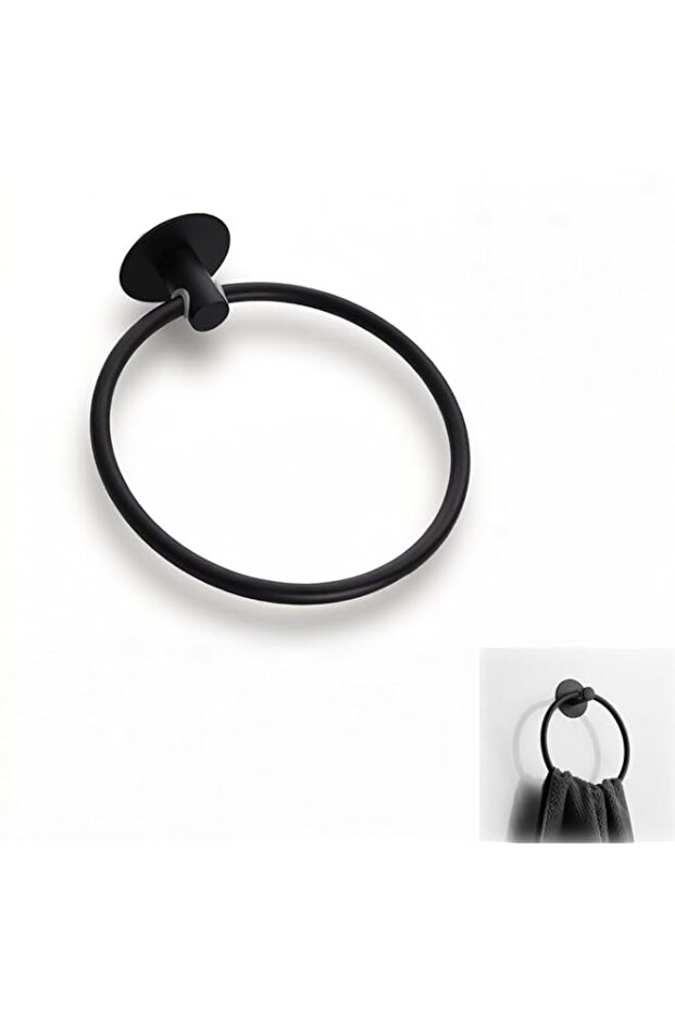 Black Adhesive Towel Ring, Rustproof Stainless Steel Wall Mount Hanger, No-Drill Bathroom Hand Towel Holder for Shower & Kitchen, Strong Stick On Storage Organizer