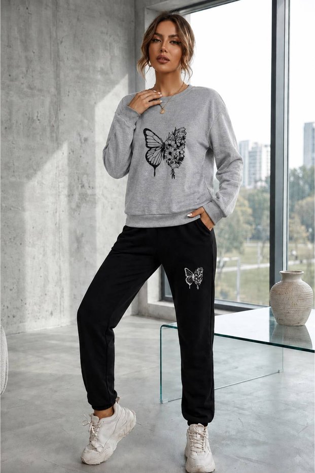 Zero Collar Sweatshirt 2-Piece Combination Winter Shardooned White Butterfly Printed Women's / Girls' Model
