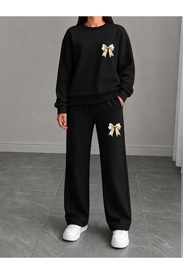 Flower Pattern Ribbon Printed Women's Tube Collar Bottom/Up Trouser Track Suit Set