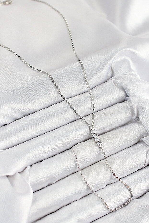 Brass Zircon Stone Crushed Chain Model Silver Color Y Necklace