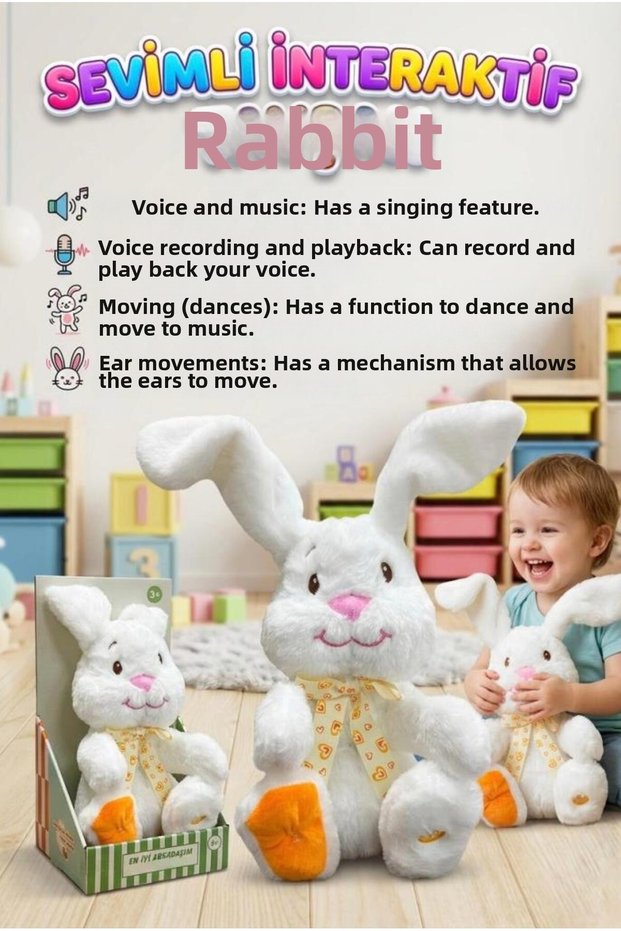 Cute Rabbit! Plush Toy with Moving Ears That Records and Imitates Dancing Sounds and Music.