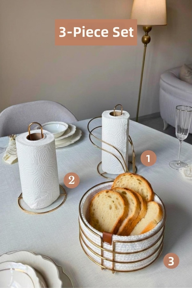 Set of 3 Shiny Gold Swan Napkin Holder Upright Paper Towel Holder Round Bread Basket Kitchen Set