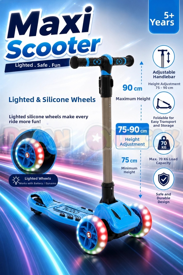 Blue Maxi Lighted 3-Wheel Foldable Scooter 6+ - Scooter - Children's Scooter Large Scooter