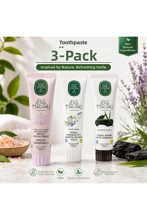 معجون أسنان 3 عبوات، كربونات بريطانية + مستخلص عشبة الكارباش واللافندر والزعتر + كربون نشط من الخيزران