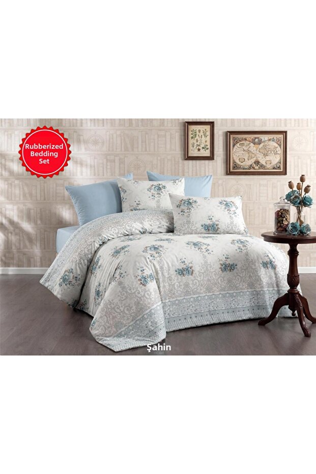 Blue Floral Double Duvet Cover Set with Elasticated Sheets (160X200)