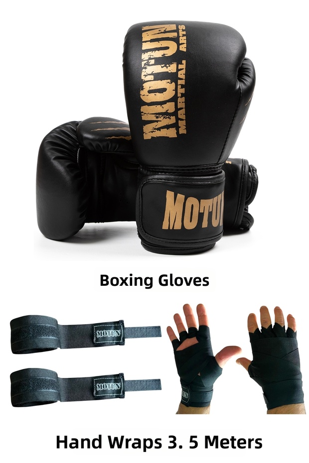 Set of 2 Gloves and Bandages for Boxing, Kickboxing, Muay Thai
