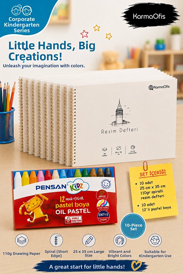 Kurumsal Anaokul Picture Notebook and 12-Piece Pastel Crayon Set | 10's