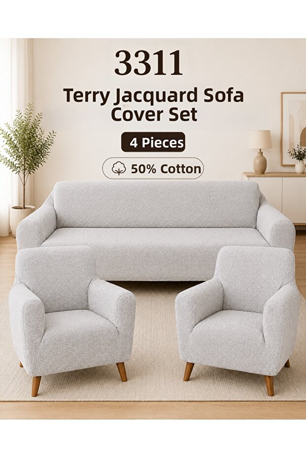 Bohemian Terry Jacquard Cotton Elastic Sofa Cover 3+3+1+1 Set Sofa Cover Stone-Grey Color