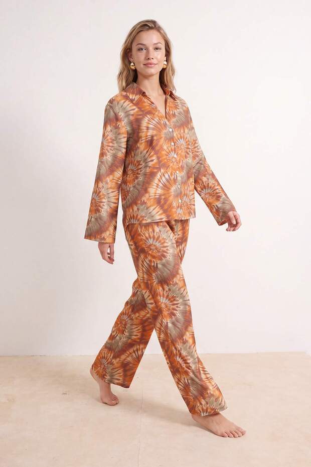 Batik Desenli Dokuma Oversize 100% Pamuk Plaj Gömlek Pantolon Takım TBESS26AU00050 - 8