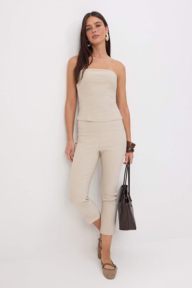 Taş Esnek Kumaş Straplez Bluz Crop Flare Pantolon Dokuma Alt - Üst Takım TWOSS26AU00113