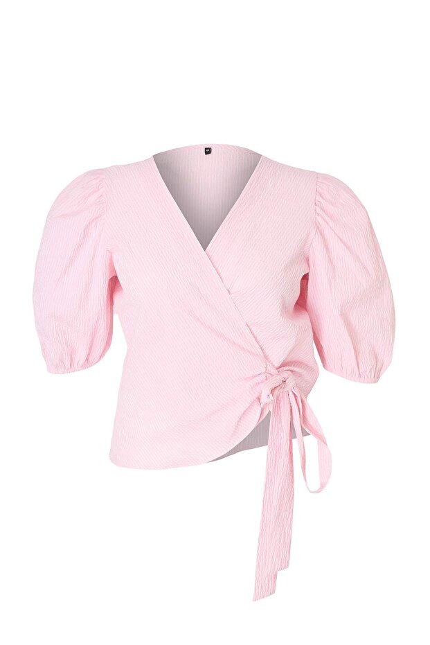 Pembe Gofre Dokuma Büyük Beden Bluz - 4