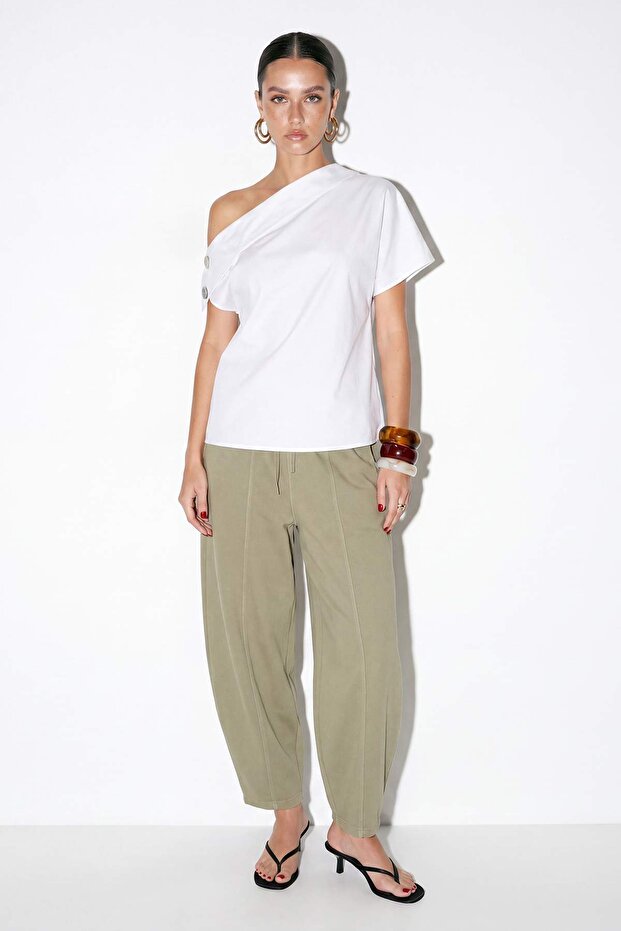 Haki Beli Lastikli Barrel Gabardin Pantolon TDRSS26PL00013 - 2